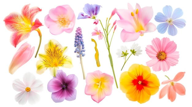 eine Collage von Frühlingsblumen-Illustrationen, isoliert auf Weiß