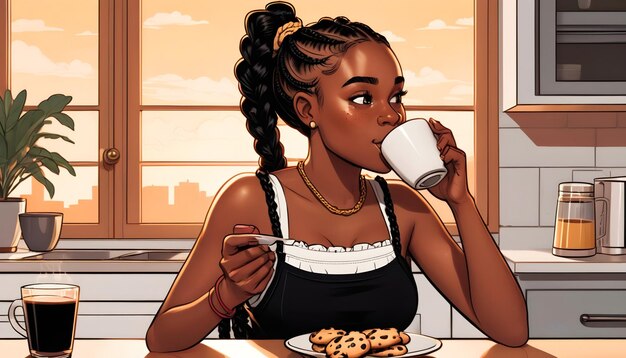 eine Comic-Stil-Frau, die mit einer Tasse Kaffee Frühstück isst