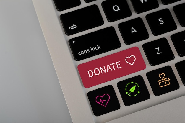 Eine Computerschaltfläche mit dem Text SPENDEN Das Konzept, das Bewusstsein zu verbreiten und Spenden für die Gesundheit Bedürftiger und den Naturschutz zu fördern