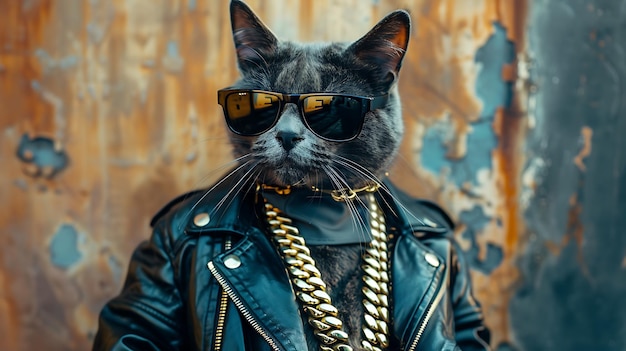 Eine coole Katze mit Sonnenbrille und einer Lederjacke mit einer goldenen Kette um den Hals