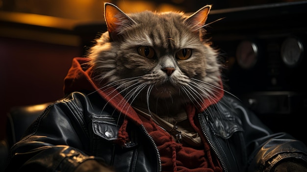 Eine coole Katze trägt eine Lederjacke