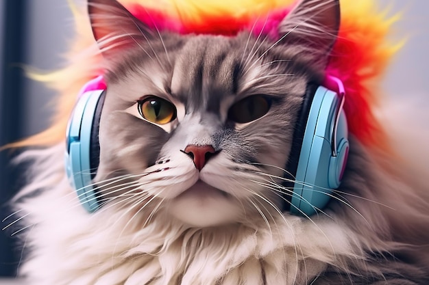 Eine coole süße Katze mit Kopfhörern und Sonnenbrille hört Musik.