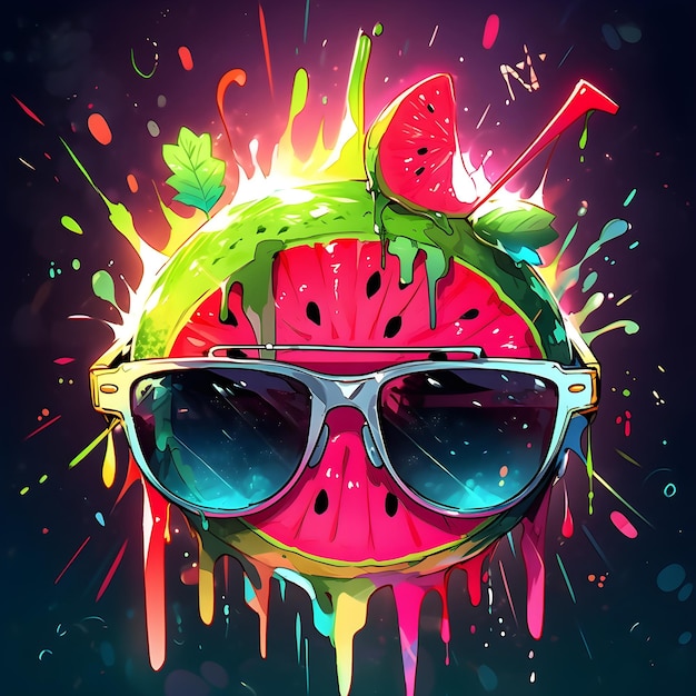 Eine coole Wassermelone mit Sonnenbrille, umgeben von tropfender Farbe