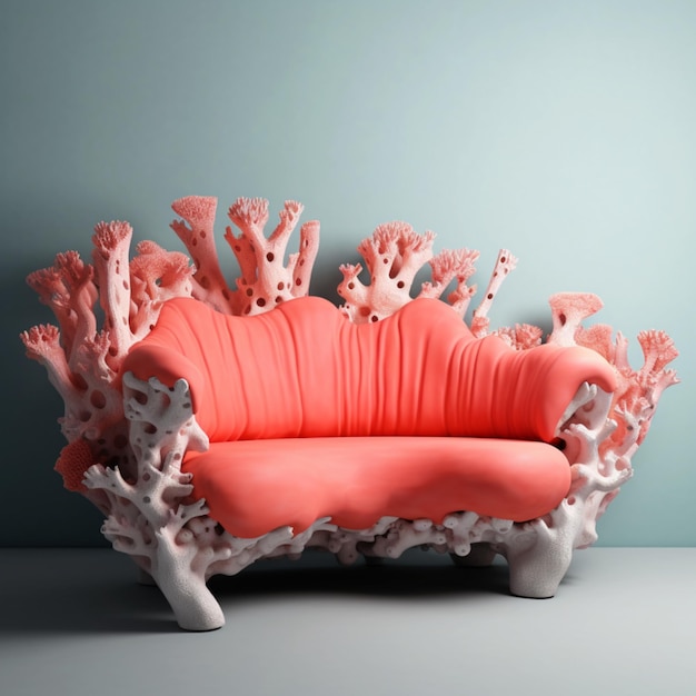 Eine Couch aus Koralle und weißer Koralle mit Korallendesign.