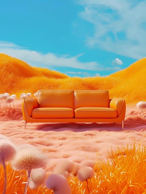 eine Couch in einem Feld von Gras generative ai