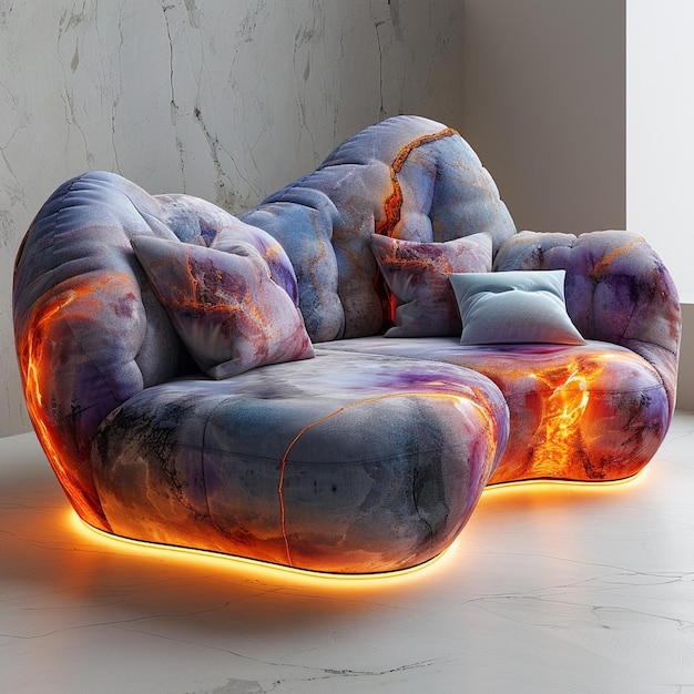 Foto eine couch mit einem feuer an der spitze und einem feuerwerk an der seite