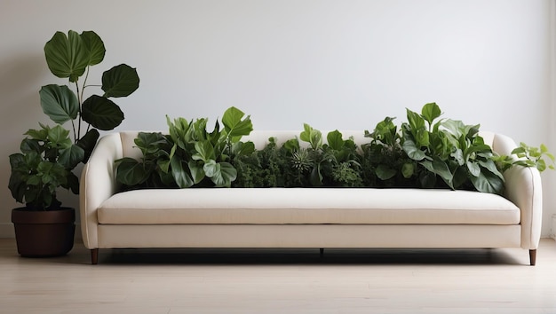 eine Couch mit einer Pflanze drauf