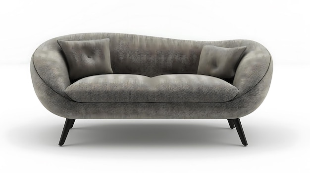 eine Couch mit grauem Rücken sitzt gegen einen weißen Hintergrund