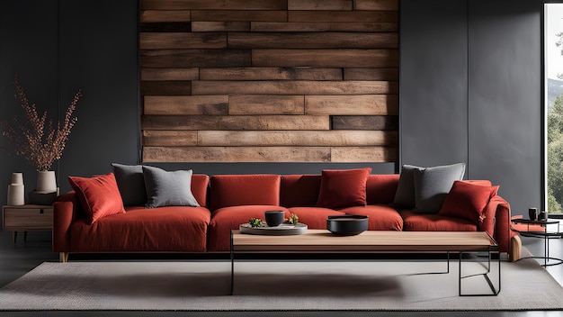 eine Couch mit Kissen und einem Tisch mit einer Holzwand dahinter