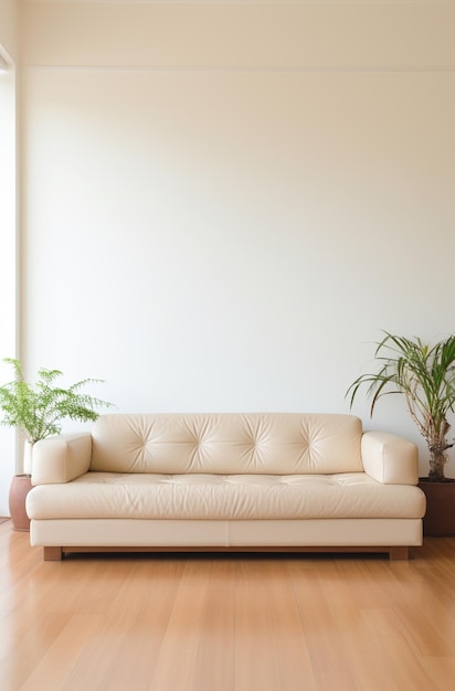 Eine cremefarbene Couch in einem Wohnzimmer, minimalistische Fotografie Generative Ai