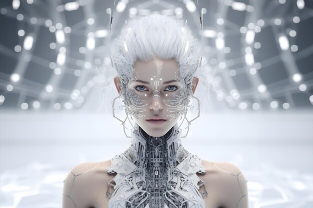 Eine cybernetische Frau mit schlanken silbernen Haaren, Schaltkreismustern auf ihrer Haut und Augen, die übergehen