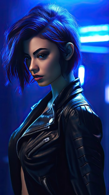 eine Cyberpunk-Frau mit schwarzer Lederjacke und blauem Hintergrund