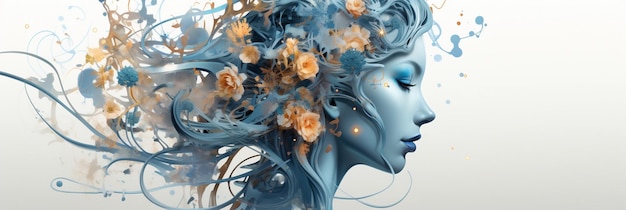 Eine Dame mit blauen, welligen Haaren und Blumen