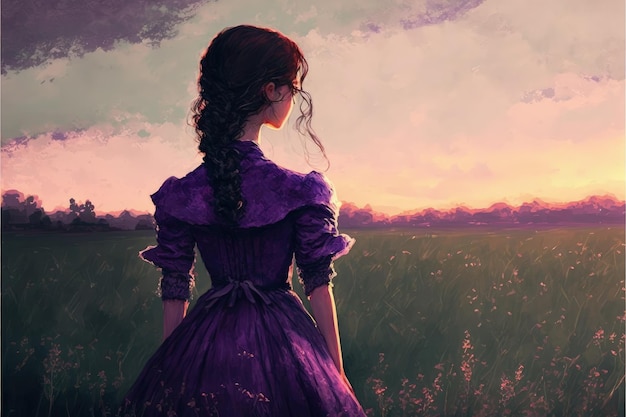Eine Dame mit langen Haaren und einem lavendelfarbenen Kleid steht vor einem Sonnenuntergang Fantasy-Konzept Illustrationsmalerei Generative KI