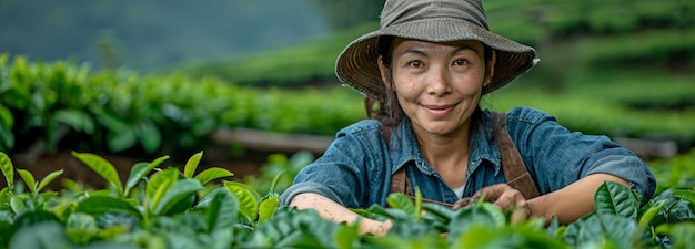 Eine Dame sammelt Teeblätter auf einer Teeplantage