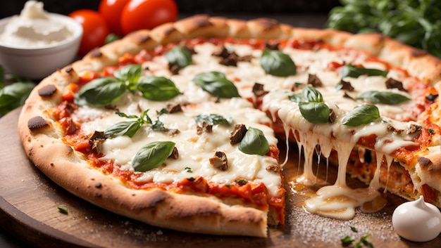 Eine dampfende heiße frisch gebackene italienische Pizza mit einer dicken Schicht geschmolzenen Mozzarella-Käse