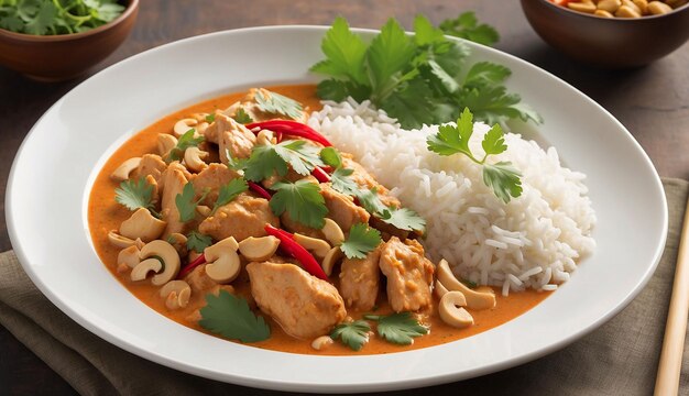 Eine dampfende Schüssel Thai Chicken und Cashew Red Curry mit Reis und Kräutern in roter Curry-Sauce