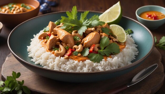 Eine dampfende Schüssel Thai Chicken und Cashew Red Curry mit Reis und Kräutern in roter Curry-Sauce