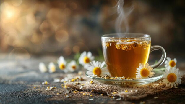 Foto eine dampfende tasse aromatischer kamillentee mit honig und ein bisschen getrockneter kamillblumen