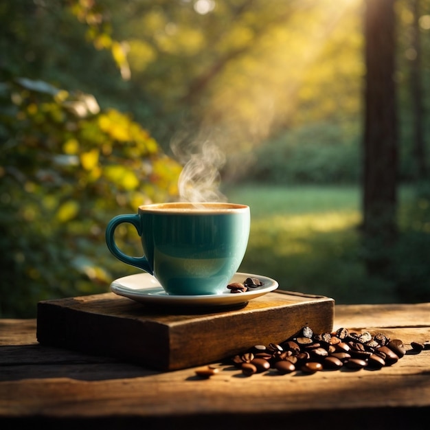 Eine dampfende Tasse frisch gebrauten Kaffees sitzt auf einem rustikalen Holztisch