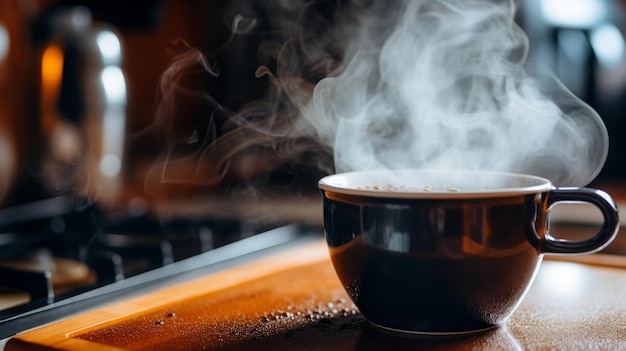 Foto eine dampfende tasse kaffee auf der theke