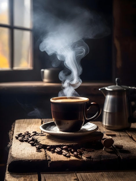 Eine dampfende Tasse Kaffee auf einem rustikalen Holztisch