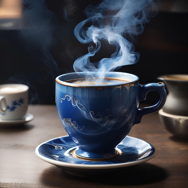 Foto eine dampfende tasse kaffee, deren blaue porzellanoberfläche mit rauch wälzt