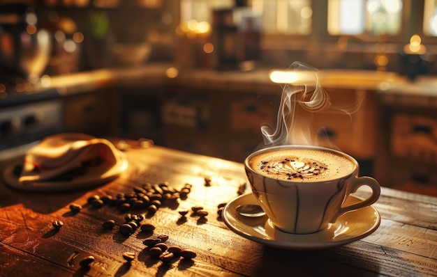 Eine dampfende Tasse Kaffee mit Latte-Kunst auf einer mit Kaffeebohnen geschmückten Untertasse auf einem rustikalen Holztisch in einer gemütlichen Küchenumgebung