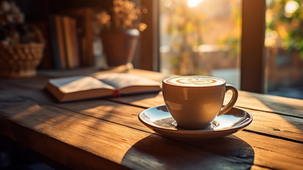 Eine dampfende Tasse Kaffee neben einem aufgeschlagenen Buch auf einem Holztisch