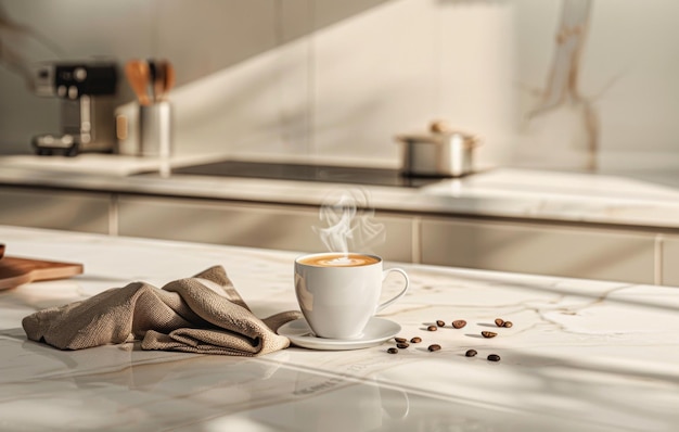 Eine dampfende Tasse Kaffee sitzt auf einer sonnigen Küchenplatte mit verstreuten Bohnen und einer Schüssel im Hintergrund, die eine gemütliche Morgenatmosphäre hervorruft