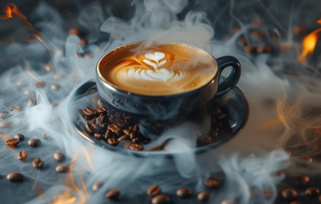 Eine dampfende Tasse Latte-Kaffee, die auf einer Holzoberfläche ruht, umgeben von Kaffeebohnen und Burlap, die eine warme, gemütliche Atmosphäre hervorrufen