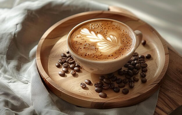 Eine dampfende Tasse Latte-Kaffee, die auf einer Holzoberfläche ruht, umgeben von Kaffeebohnen und Burlap, die eine warme, gemütliche Atmosphäre hervorrufen