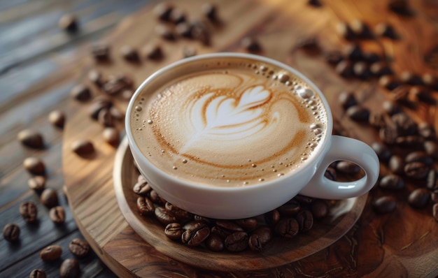 Eine dampfende Tasse Latte-Kaffee, die auf einer Holzoberfläche ruht, umgeben von Kaffeebohnen und Burlap, die eine warme, gemütliche Atmosphäre hervorrufen
