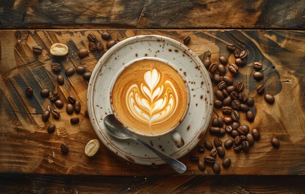 Eine dampfende Tasse Latte-Kaffee, die auf einer Holzoberfläche ruht, umgeben von Kaffeebohnen und Burlap, die eine warme, gemütliche Atmosphäre hervorrufen