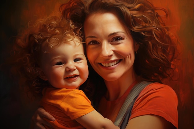 Eine Darstellung einer Frau, die zärtlich ein Kind in ihren Armen hält, in einem wunderschönen Gemälde. Porträt einer glücklichen Mutter und ihres Babys. KI-generiert