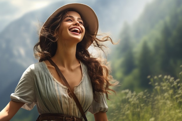Eine Darstellung einer jungen Frau, die einen Hut trägt und auf einem Feld lächelt