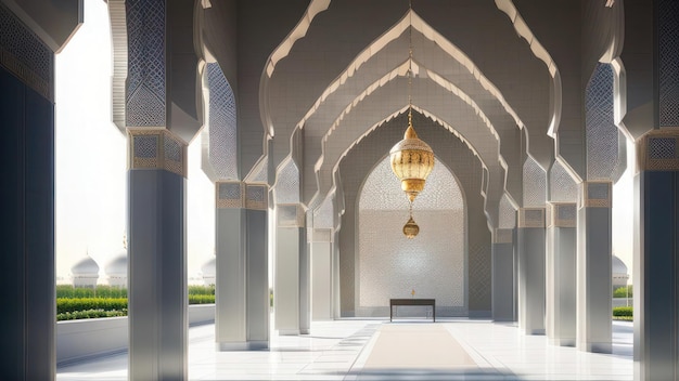 Eine Darstellung einer Moschee mit großer Decke und Säulen.