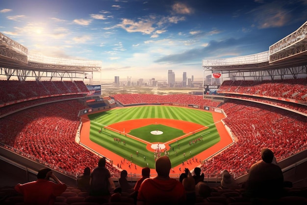 Eine Darstellung eines Baseballstadions mit Blick auf die Stadt im Hintergrund.