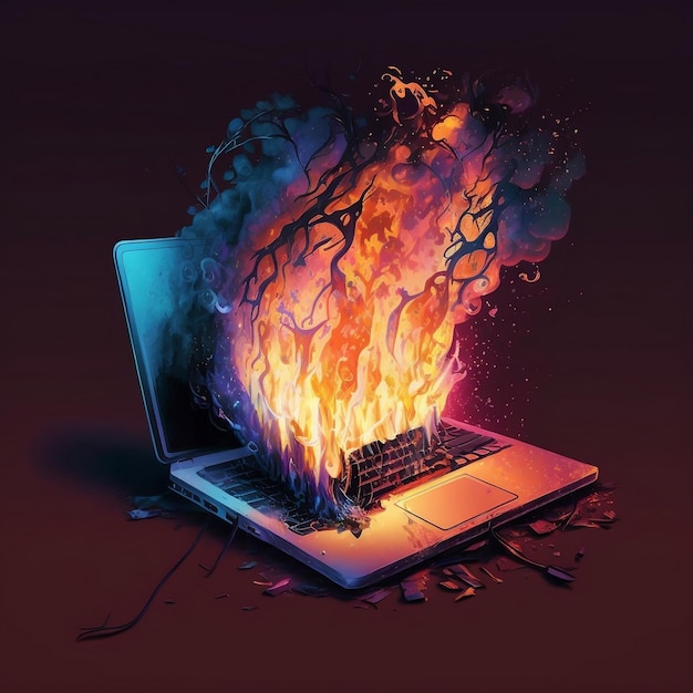 Eine Darstellung eines Laptops mit brennender KI