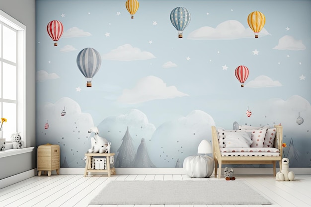 Eine Darstellung eines weißen Wandhintergrunds in einem Kinder- oder Schlafzimmer, die eine Modellwandgestaltung zeigt
