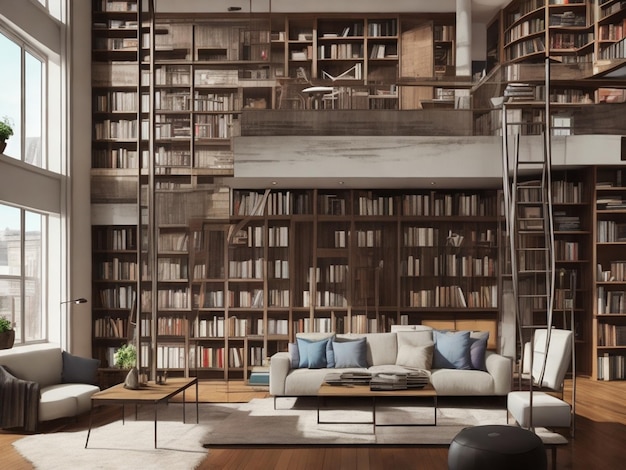 Eine Darstellung eines Wohnzimmers mit einem großen Bücherregal und einer Couch mit Sofa und einem Couchtisch mit Bücherregal im Hintergrund.
