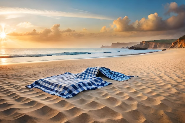 Eine Decke am Strand mit einem Sonnenuntergang im Hintergrund