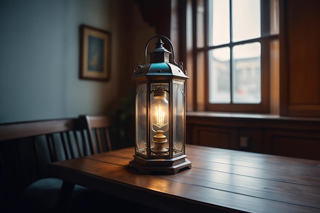 Eine dekorative arabische Laterne mit buntem Glas, die auf dunklem Hintergrund leuchtet, ein Gruß für Ramada