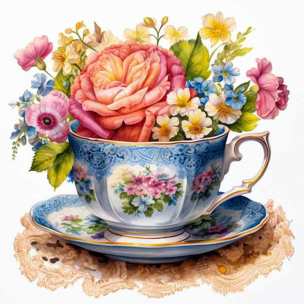 Eine delikate pastellfarbene Tasse Tee, geschmückt mit einem lebendigen Blumenstrauß