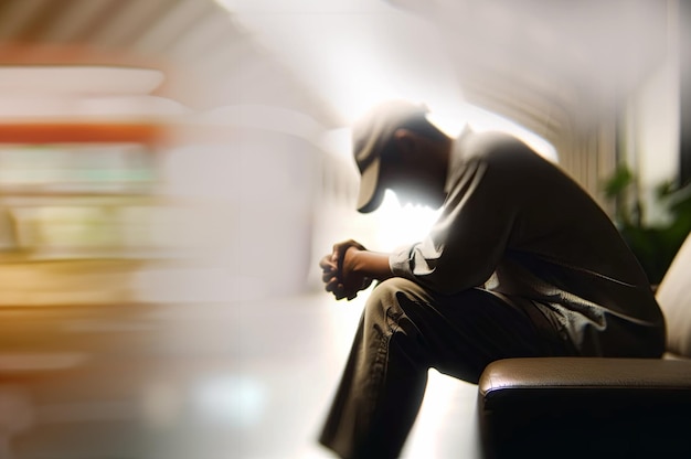 Eine depressive Person mit dem Kopf auf den Knien sitzt auf einer Couch oder einem Bett in einer verschwommenen Umgebung