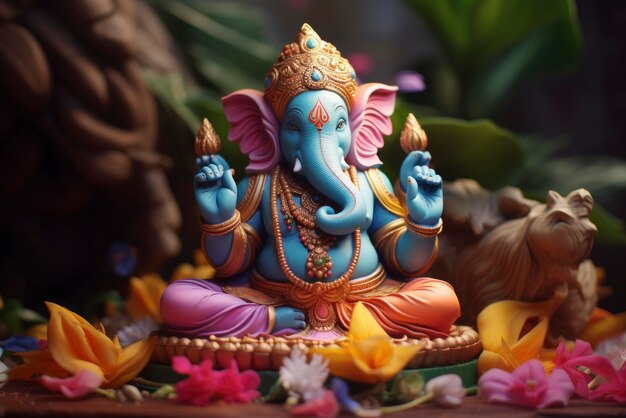 Eine der 3D-gedruckten Ganesha-Statuen in traditionellen Farben auf Lotus-Hintergrund