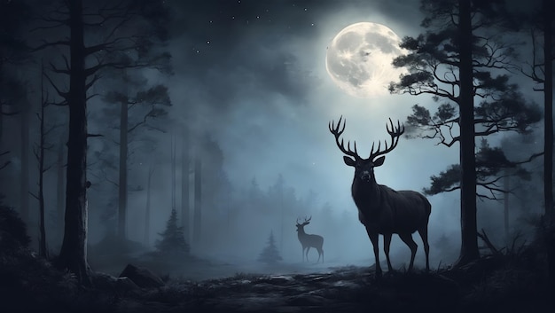 Eine detaillierte Abbildung eines Hirsches in der Nacht, der von einem Vollmond beleuchtet wird