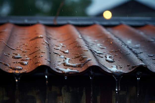 Eine detaillierte Ansicht der Regentropfen, die während der Regenzeit auf dem Dach ruhen