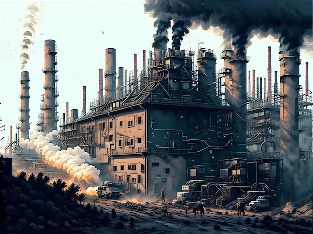 Eine detaillierte Ansicht einer Fabrik mit einer Mischung aus alter und neuer Technologie und einem Hauch von Rauch in der Luft