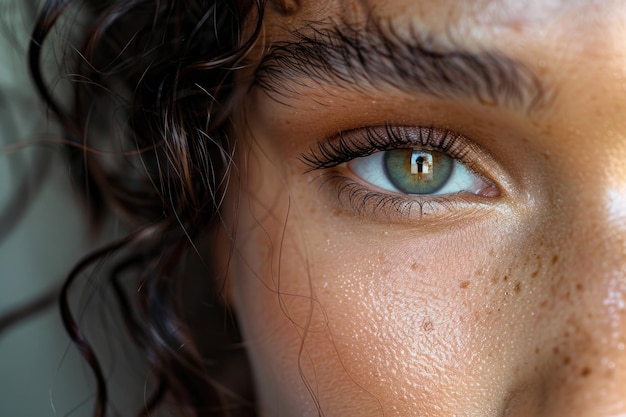 Eine detaillierte Ansicht einer Frau mit auffallenden blauen Augen, die ihre Tiefe und natürliche Schönheit zeigen